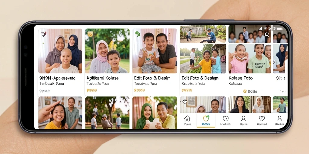 Screenshot utama 9N9N menunjukkan antarmuka kolase foto yang menarik.